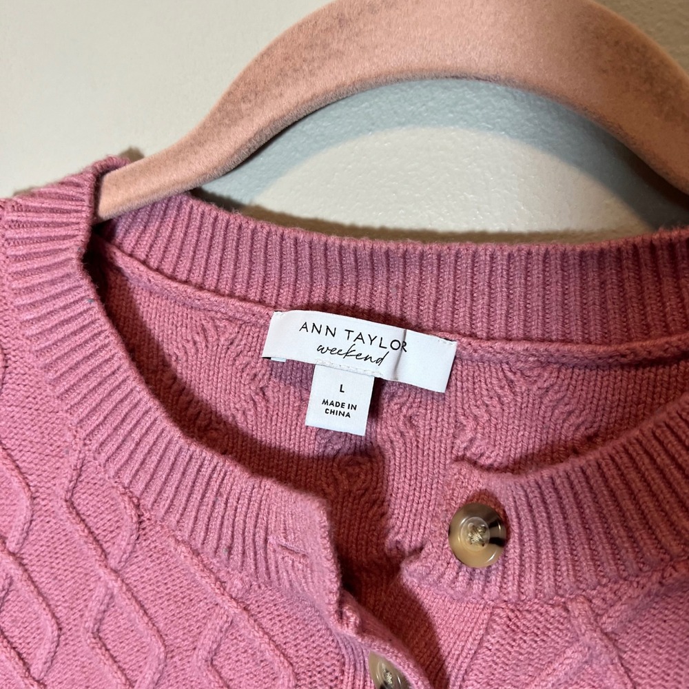 Ann Taylor Weekend Pink Cable Knit Henley Sweater Women's Large Button Up - Picture 3 of 11